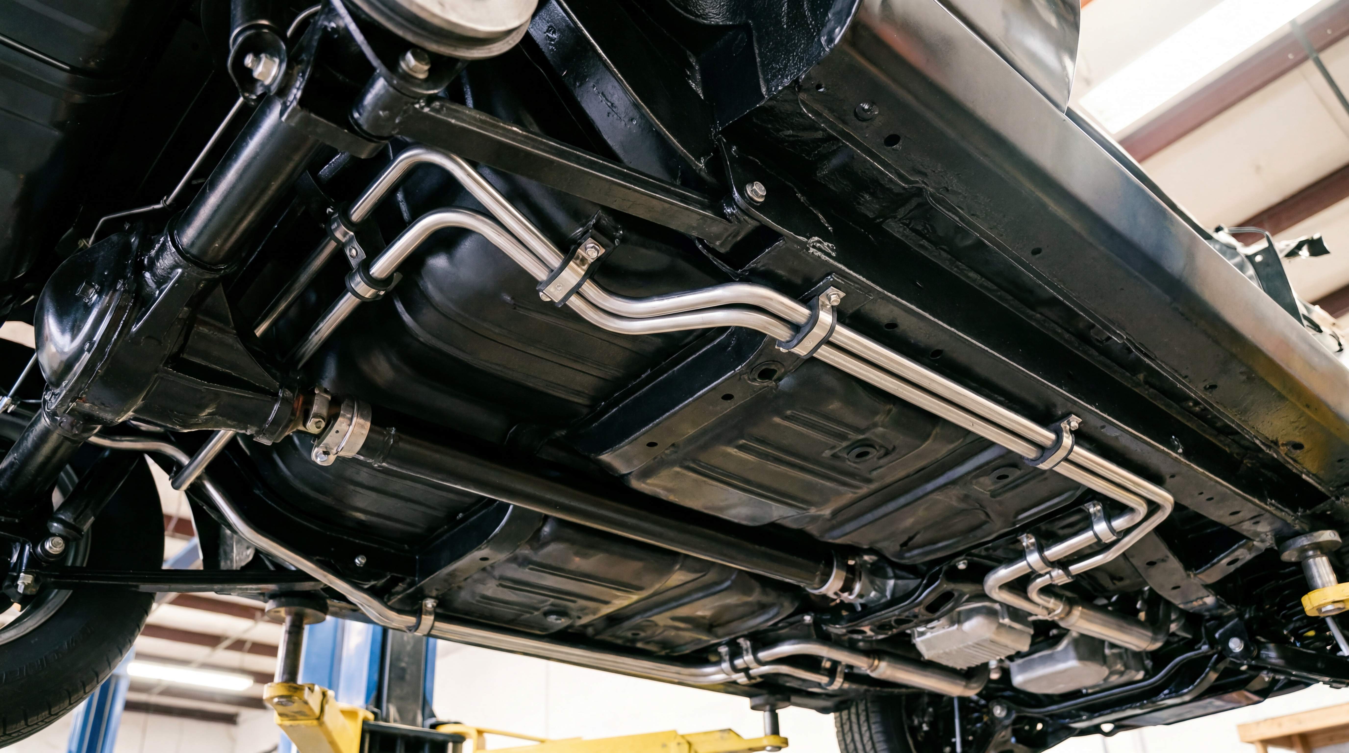 Metal fuel lines routed along vehicle underbody with secure clamps and formed tubing layout